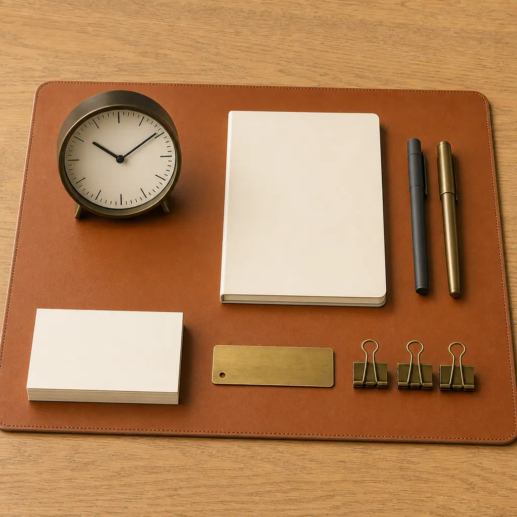 Analog desk clock and cream stationery aligned in a grid on a cognac leather desk mat