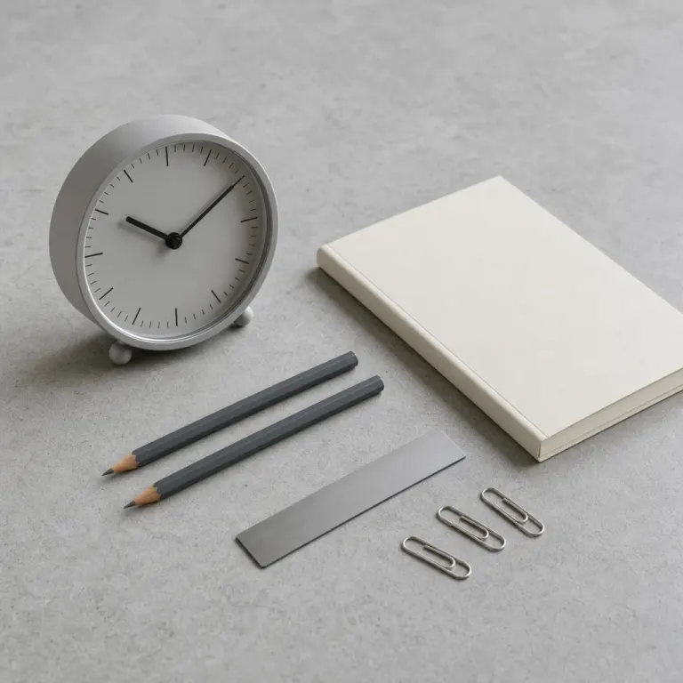 Unbranded analog desk clock, notebook, pencils, metal ruler, and paper clips arranged on a cool concrete worktop in soft window light