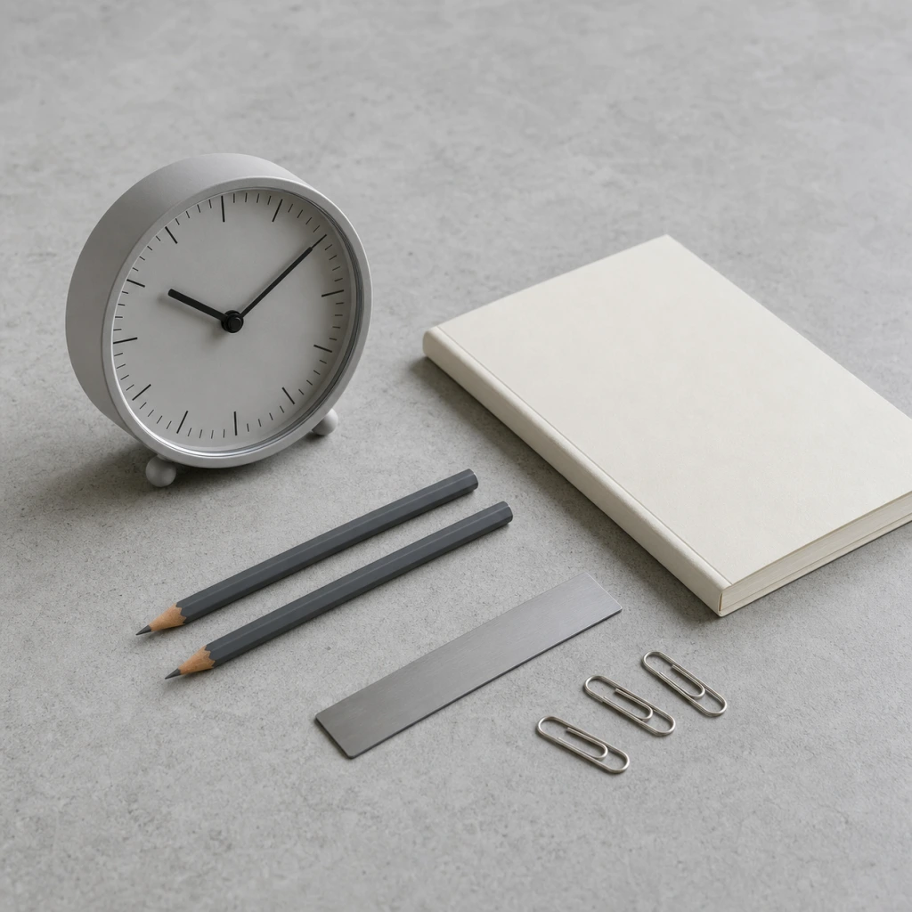 Unbranded analog desk clock, notebook, pencils, metal ruler, and paper clips arranged on a cool concrete worktop in soft window light