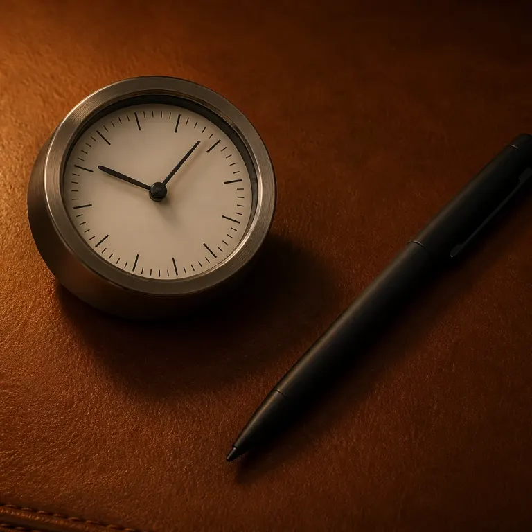 Round analog clock with tick marks and a matte pen on cognac leather under a single warm desk lamp