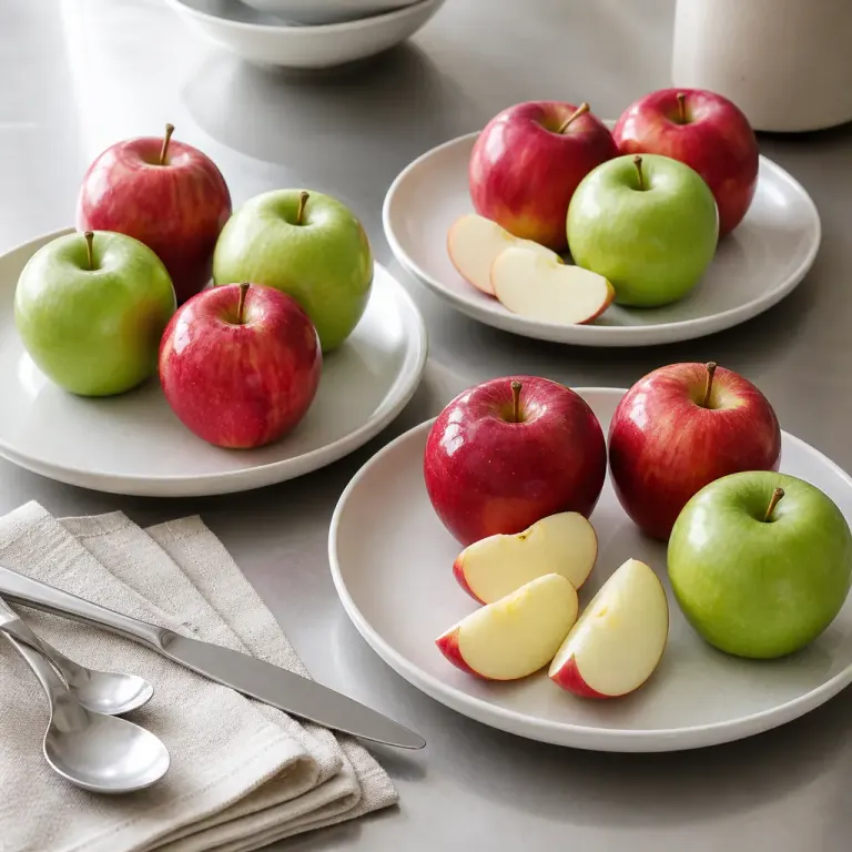 Red and green apples on several pale plates with linen and cutlery over a stainless-steel counter