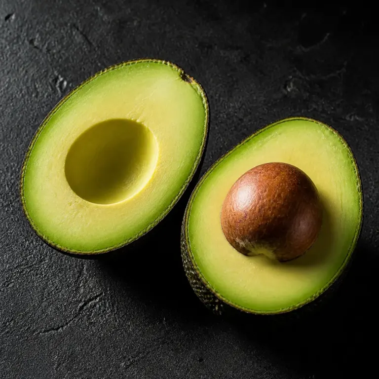 Fresh halved avocado with pit and seed cavity in hard side light on a dark charcoal surface