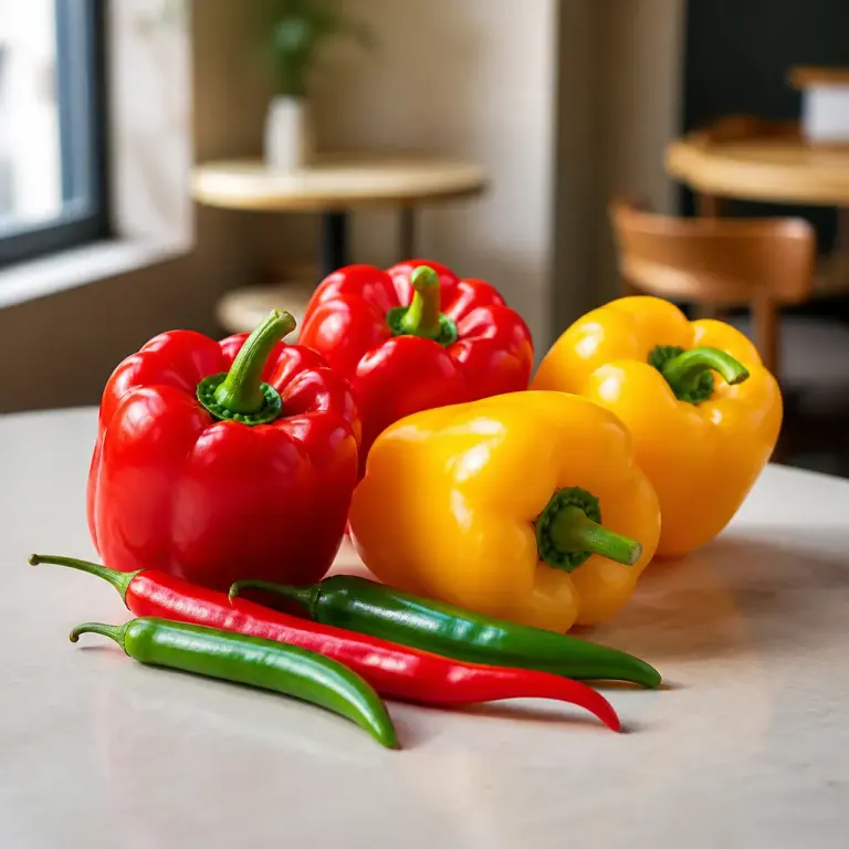 Fresh red and yellow bell peppers with chili peppers on a softly lit cafe window table