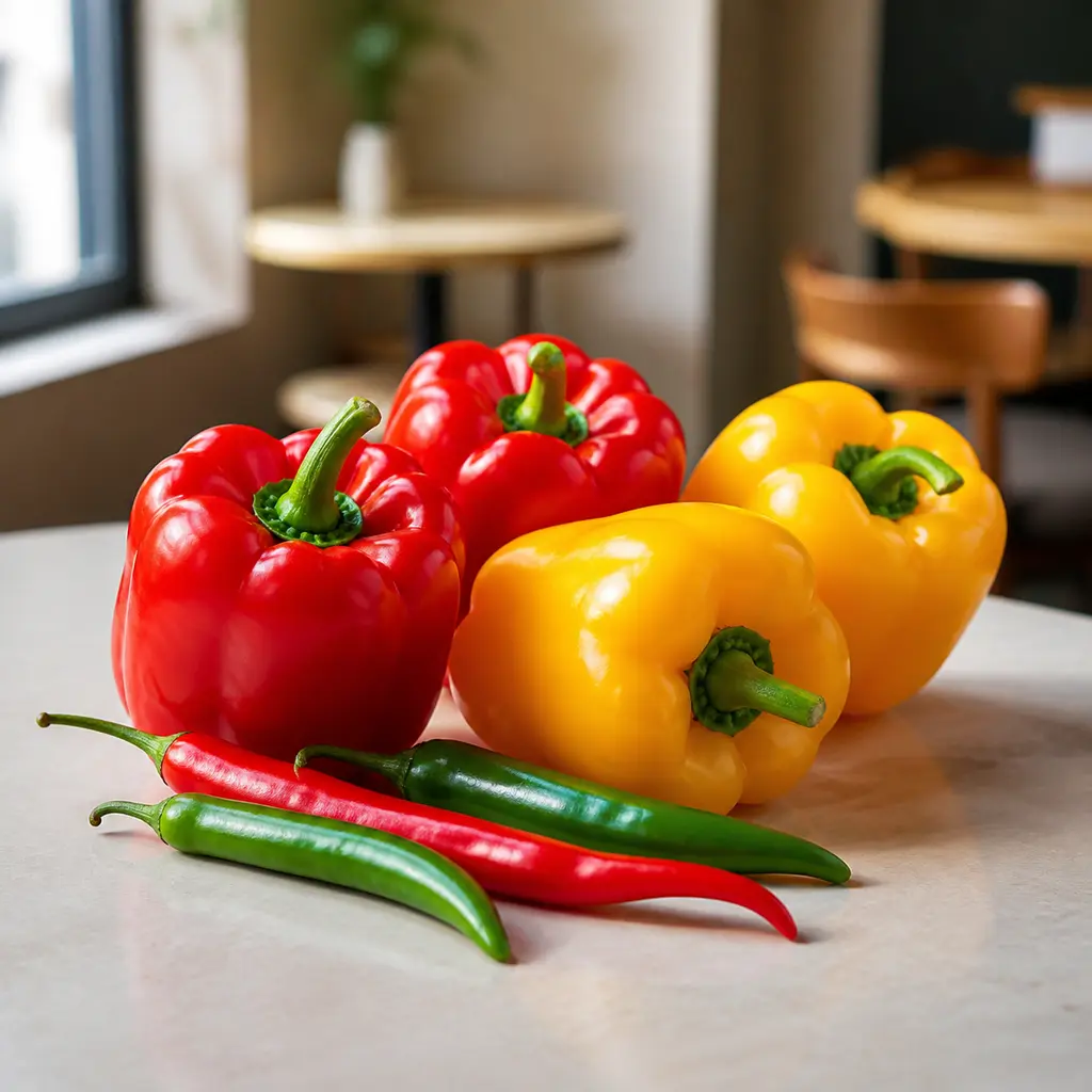 Fresh red and yellow bell peppers with chili peppers on a softly lit cafe window table
