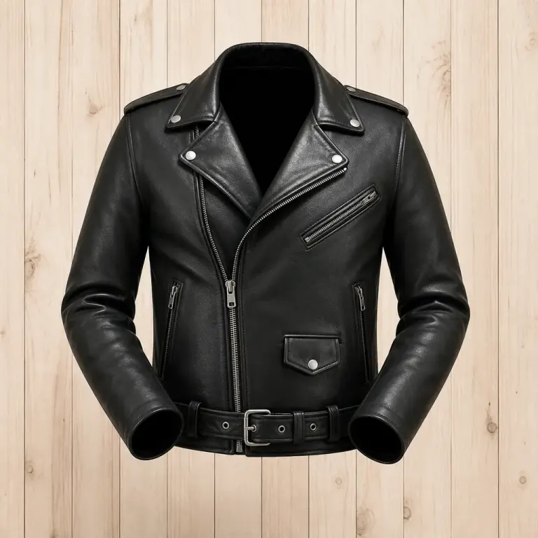 Black leather biker jacket with hollow neck and sleeves in a ghost mannequin view against pale wood