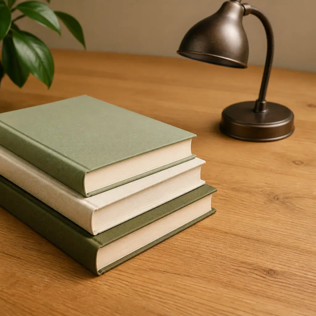 Plain clothbound books and a bronze reading lamp arranged on a warm oak desk with shallow focus