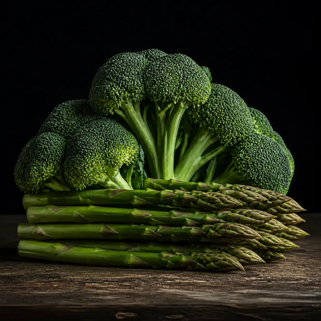 Stacked fresh broccoli and asparagus on scratched old wood under dramatic side light
