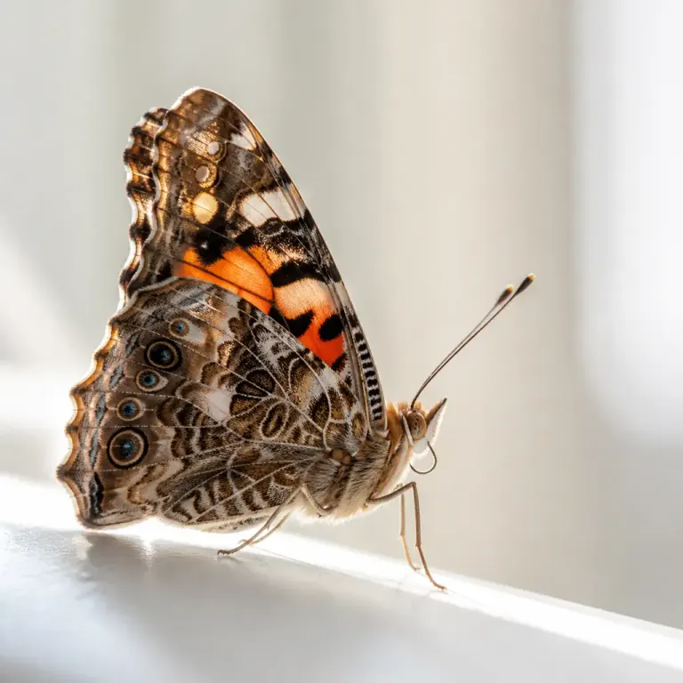 Single butterfly with detailed wing scales rim-lit by a bright window against creamy 200mm bokeh