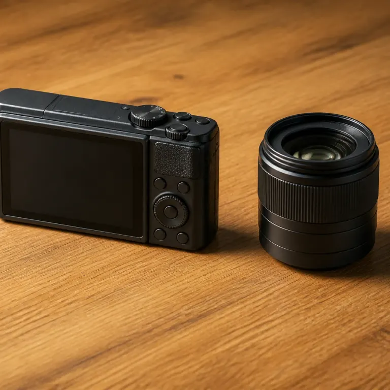 Unbranded compact camera and a standing prime lens on honey-oak wood with raking side light