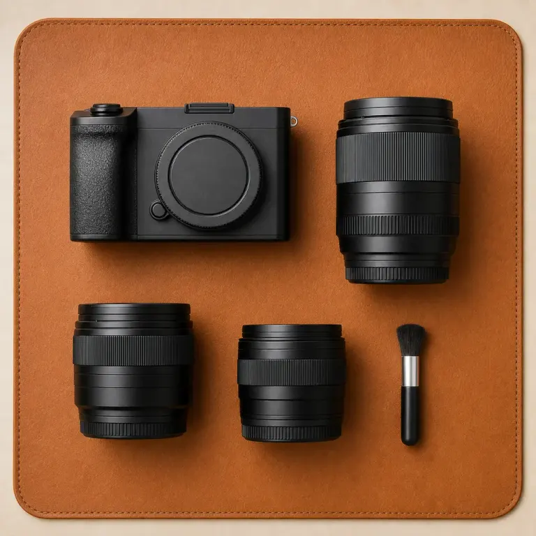 Top-down grid of an unbranded black camera and three lenses on a cognac leather desk mat
