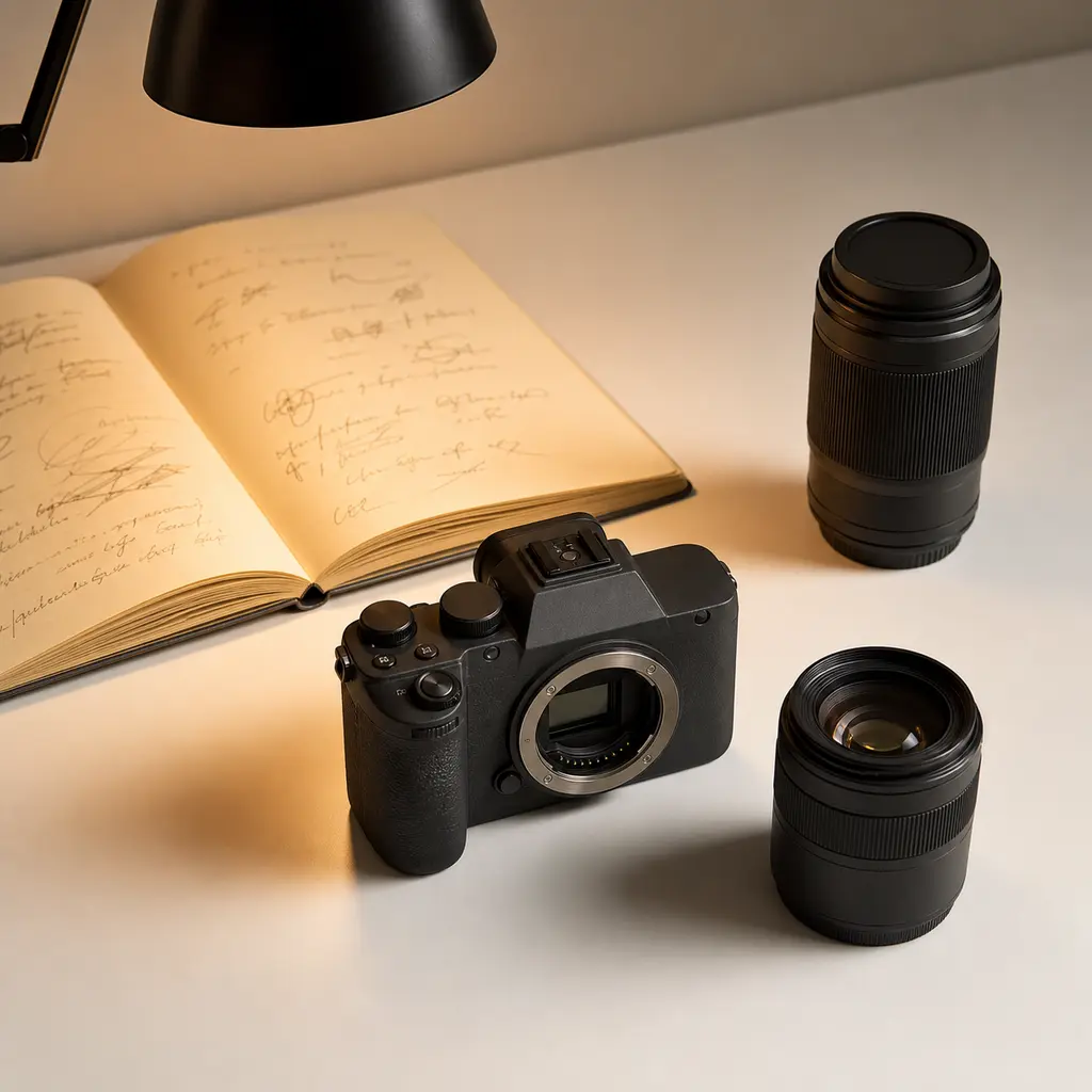 Unbranded camera body and two lenses arranged beside an open notebook on a matte white desk under a warm desk lamp
