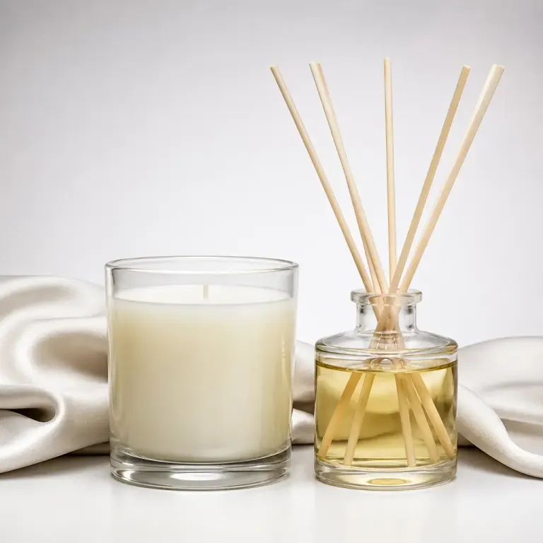 Unbranded glass candle and reed diffuser with circular highlights against a pale gradient and draped silk
