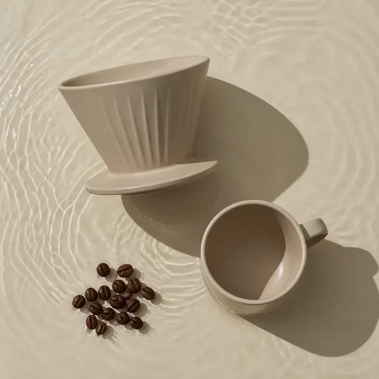 Top-down flat lay of matte ceramic pour-over tools and coffee beans in shallow rippled water