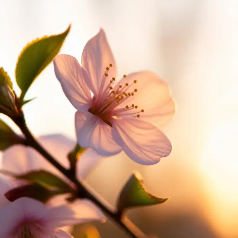 Cherry blossom branch in warm evening window backlight with one flower's stamens sharp against creamy bokeh
