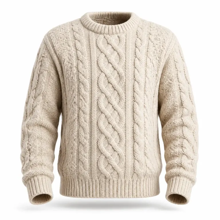 Oatmeal cable-knit sweater with hollow neck and sleeves in a white ghost mannequin photo
