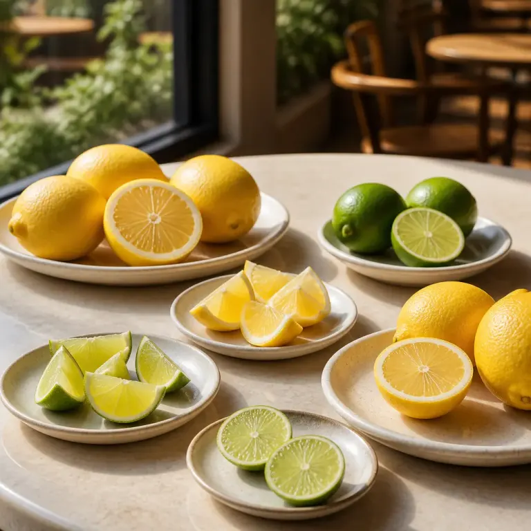 Whole and sliced lemons and limes on off-white plates beside a softly blurred cafe window