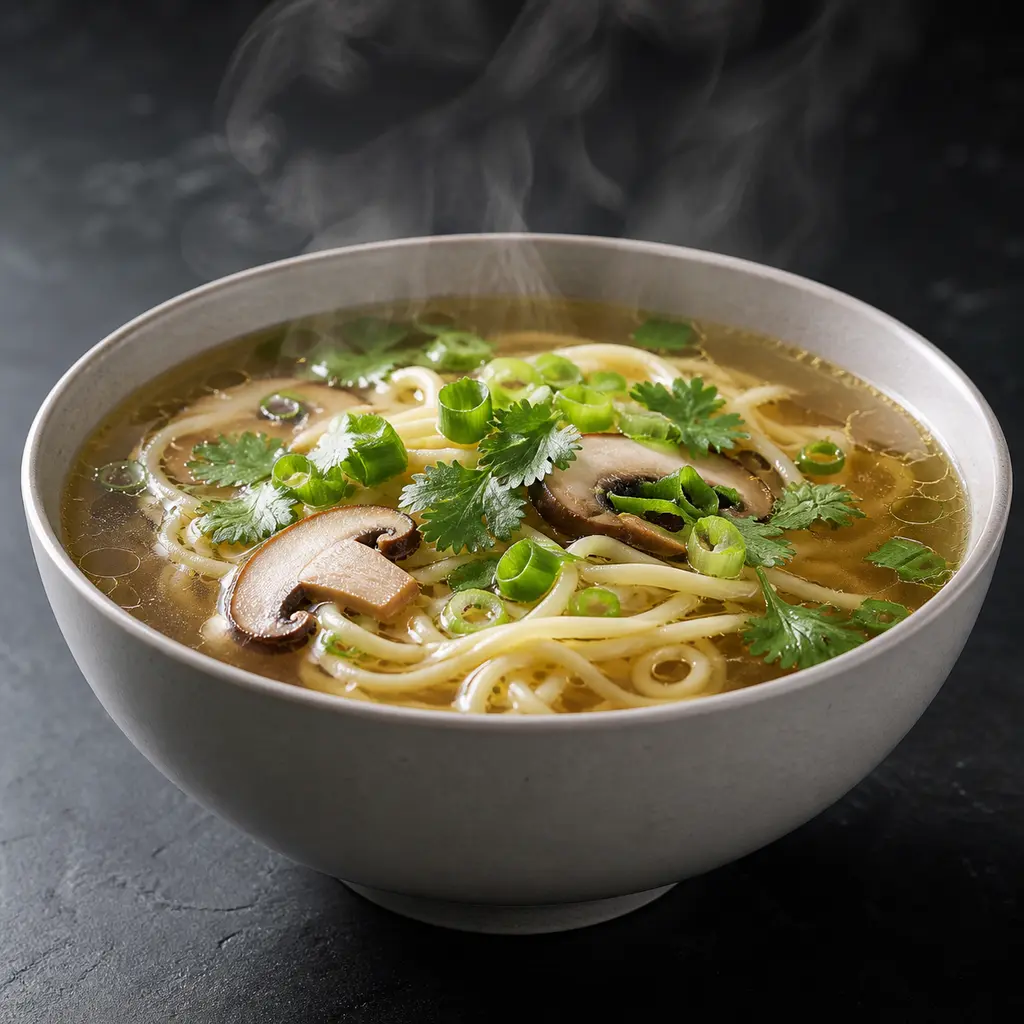 Steaming clear broth noodle soup with mushrooms and herbs in a light ceramic bowl