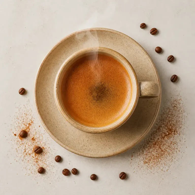 Top-down espresso with tawny crema and visible steam in a beige ceramic cup surrounded by cinnamon powder and coffee beans