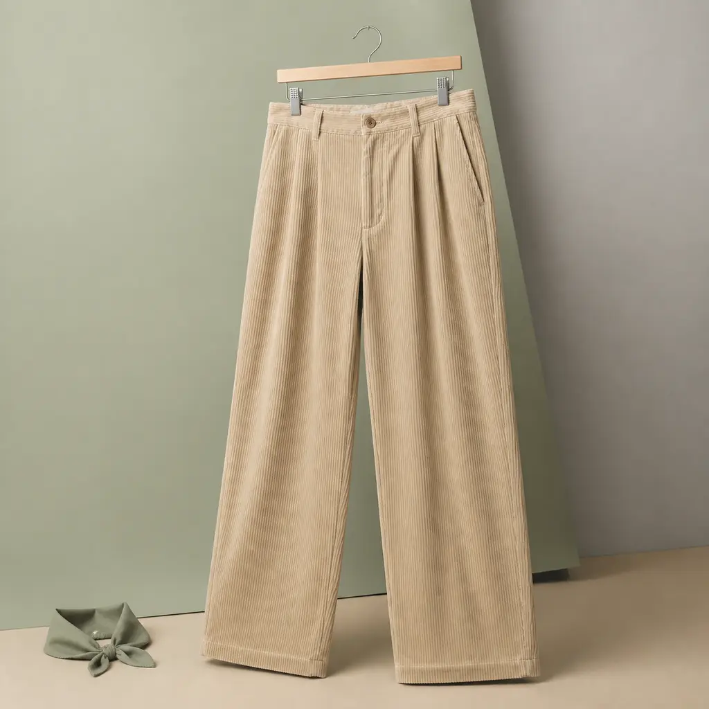Sand corduroy wide-leg pants hanging against sage and gray paper with a tonal neckerchief
