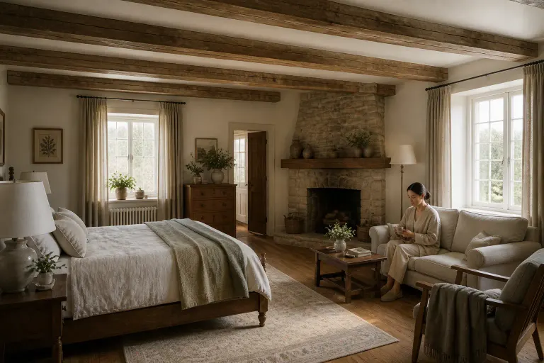 Country-style apartment bedroom with exposed beams, stone fireplace, linen bed and sofa, rustic wood furniture, and a woman holding tea in soft morning light