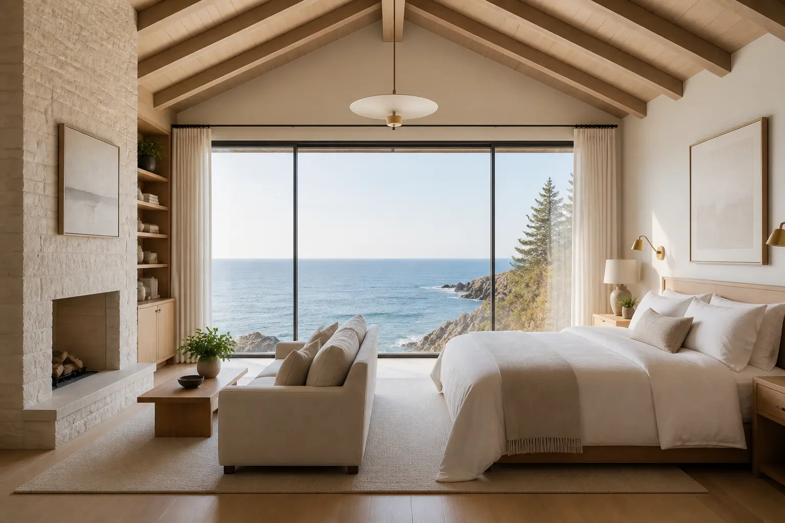 Symmetrical clifftop country bedroom with exposed beams, stone fireplace, white linen, and panoramic ocean glass