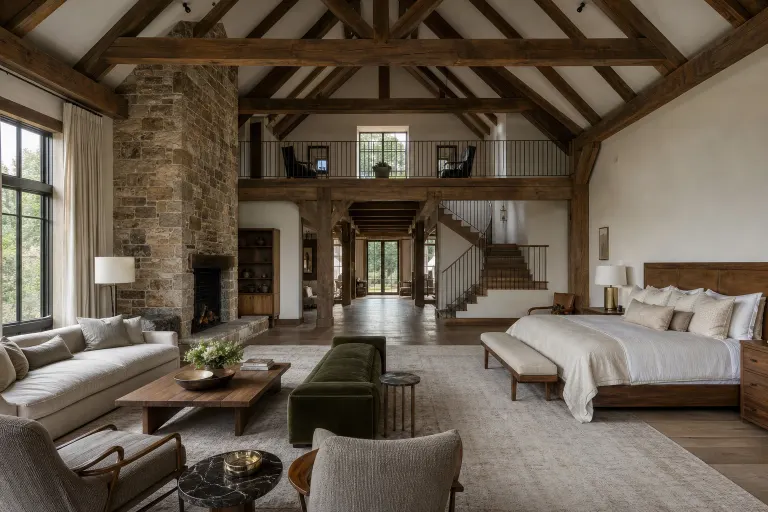 Unoccupied double-height country estate bedroom with roof trusses, stone fireplace, gallery, staircase, and separate sitting area