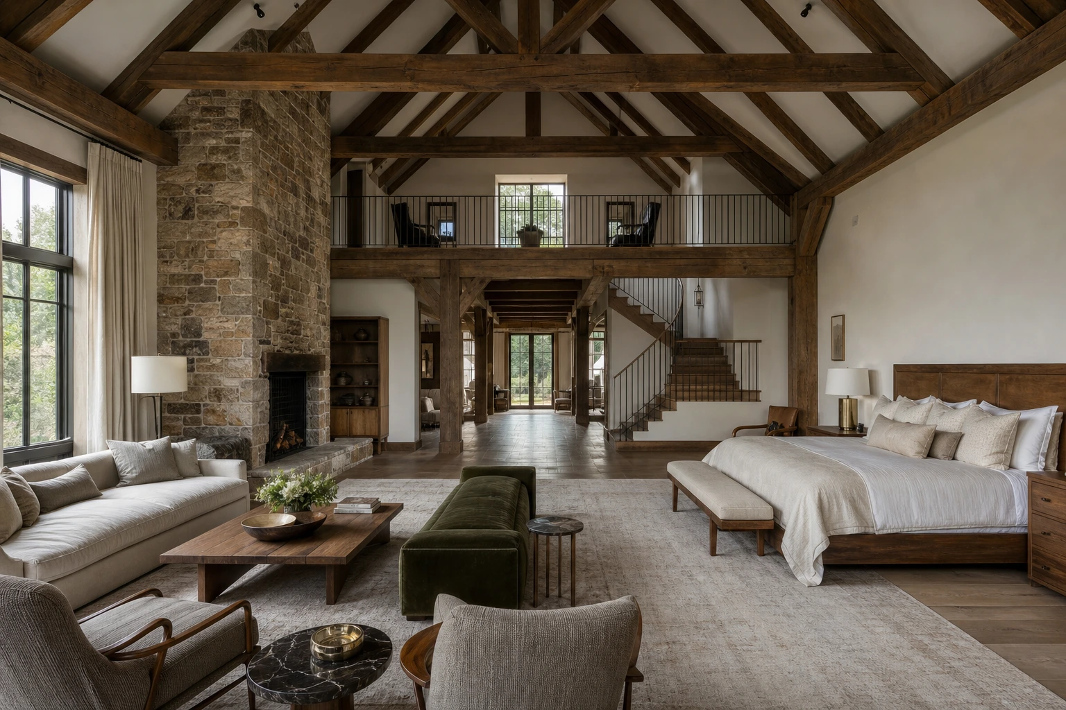 Unoccupied double-height country estate bedroom with roof trusses, stone fireplace, gallery, staircase, and separate sitting area