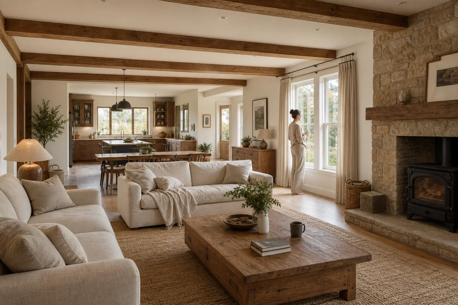 Bright country house open-plan living room with timber beams and a woman looking through the window