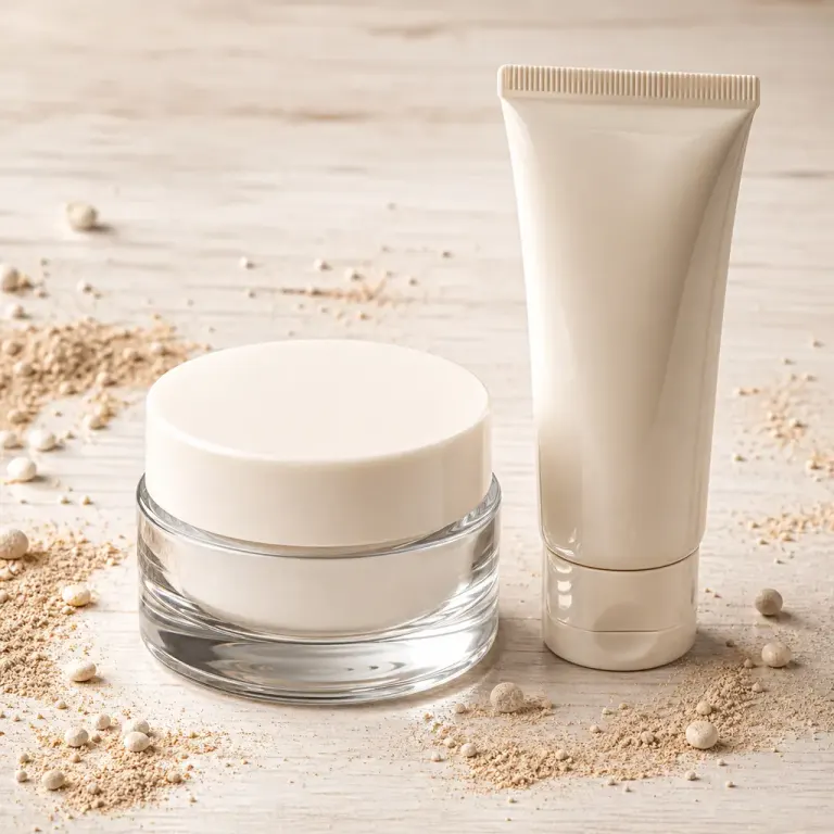 Unbranded cosmetic cream jar and tube with glowing rim light on bleached wood and scattered powder