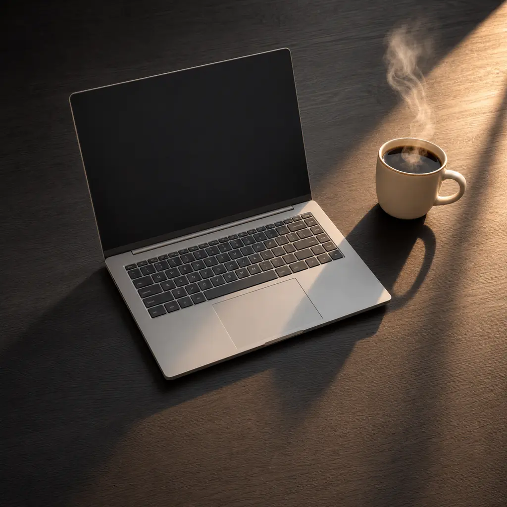 Steaming coffee beside an unbranded laptop in long golden-hour light on a dark wood desk