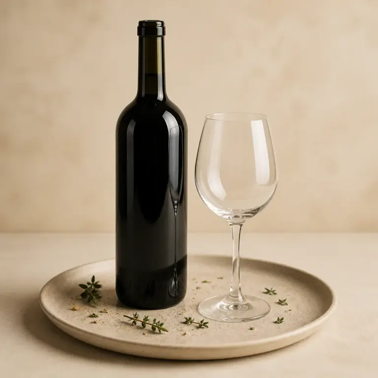 Dark unbranded wine bottle and clear stemmed glass on a beige ceramic plate with scattered herbs