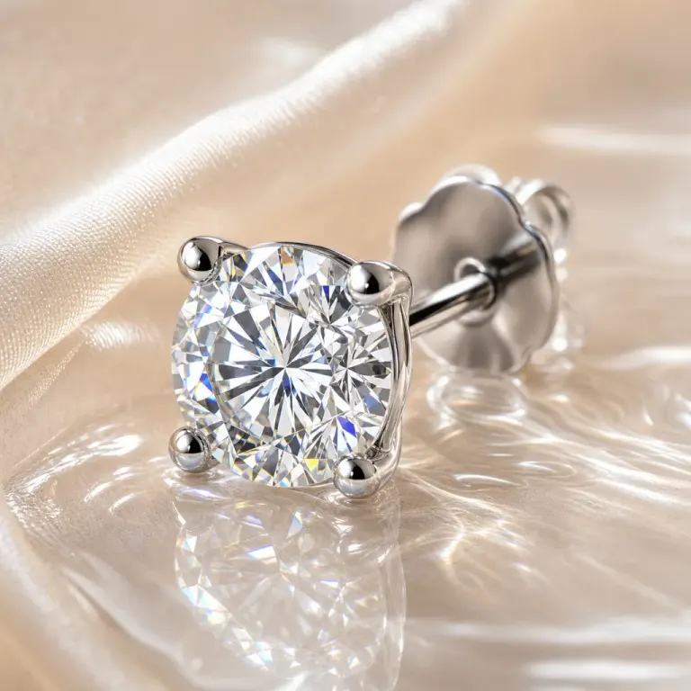 Single diamond stud earring in shallow water over champagne silk, backlit in a brightfield macro photograph