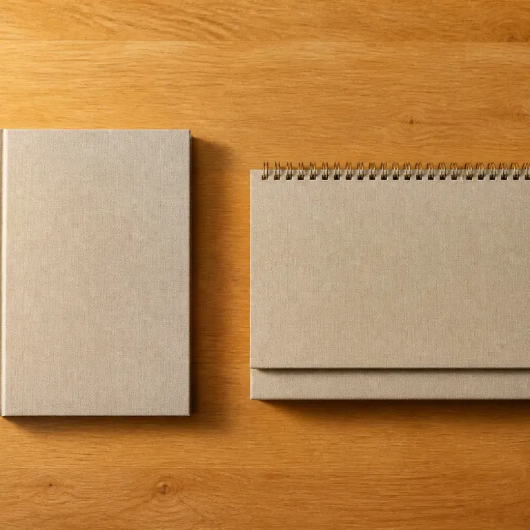 Overhead grid of a cloth diary and a blank desktop calendar on honey-oak wood with raking side light