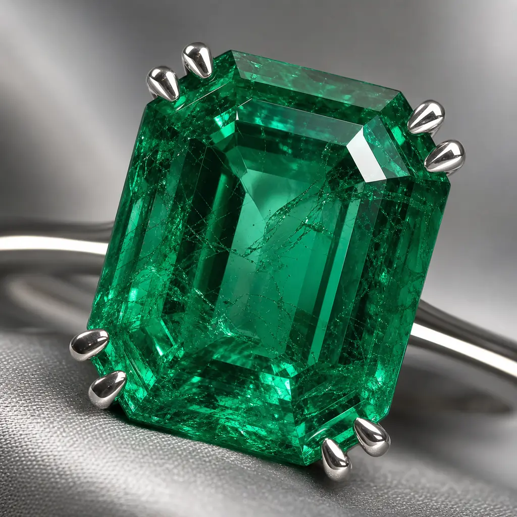 Extreme macro of an included green emerald ring on draped gray silk with a linear metal highlight