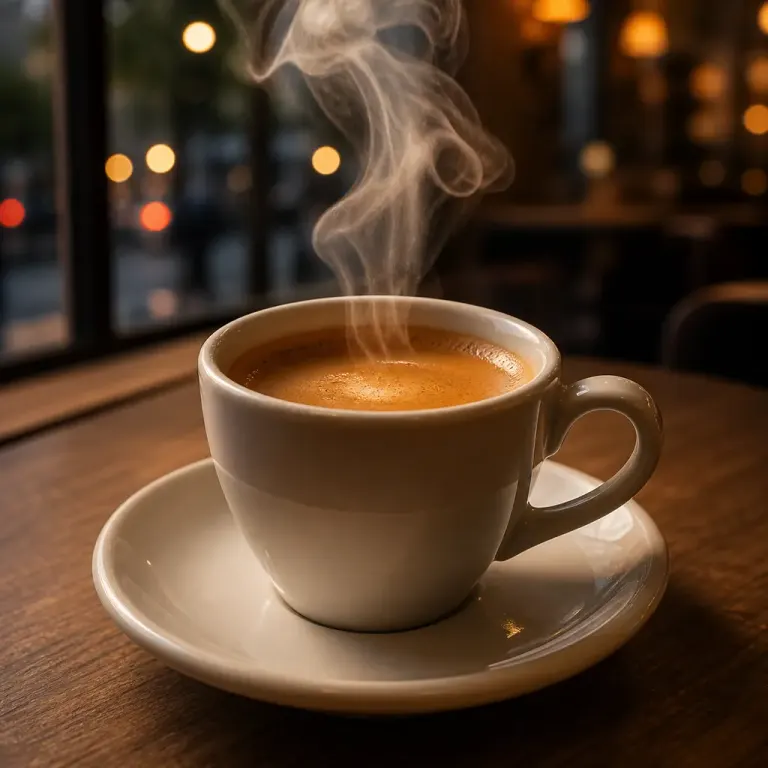 Fresh espresso with tawny crema and backlit steam on a cafe window table