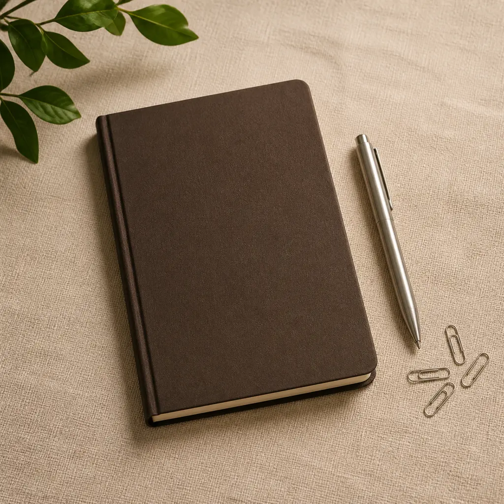 Notebook pen and paper clips arranged diagonally on oatmeal linen under warm evening light