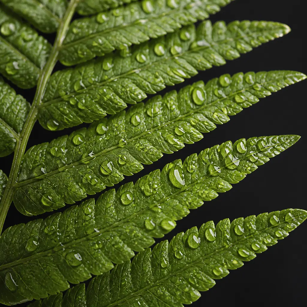 Extreme macro of a water-dappled fern frond with repeating veins defined by side light against dark charcoal