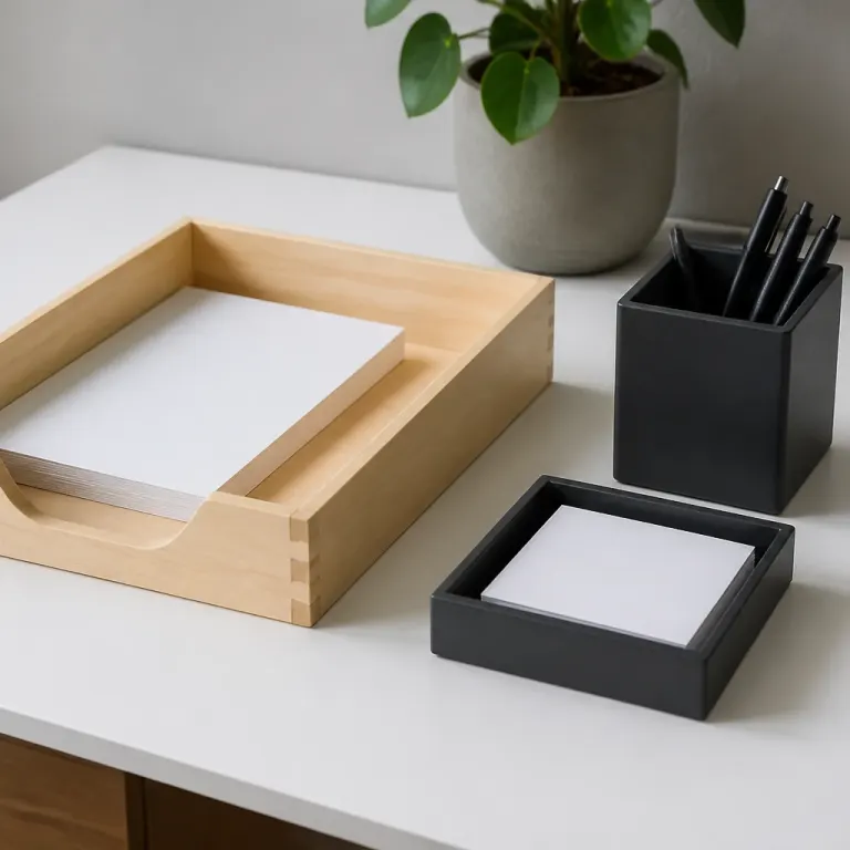 Pale wood letter tray and matte black organizers on a white desk in even overcast light