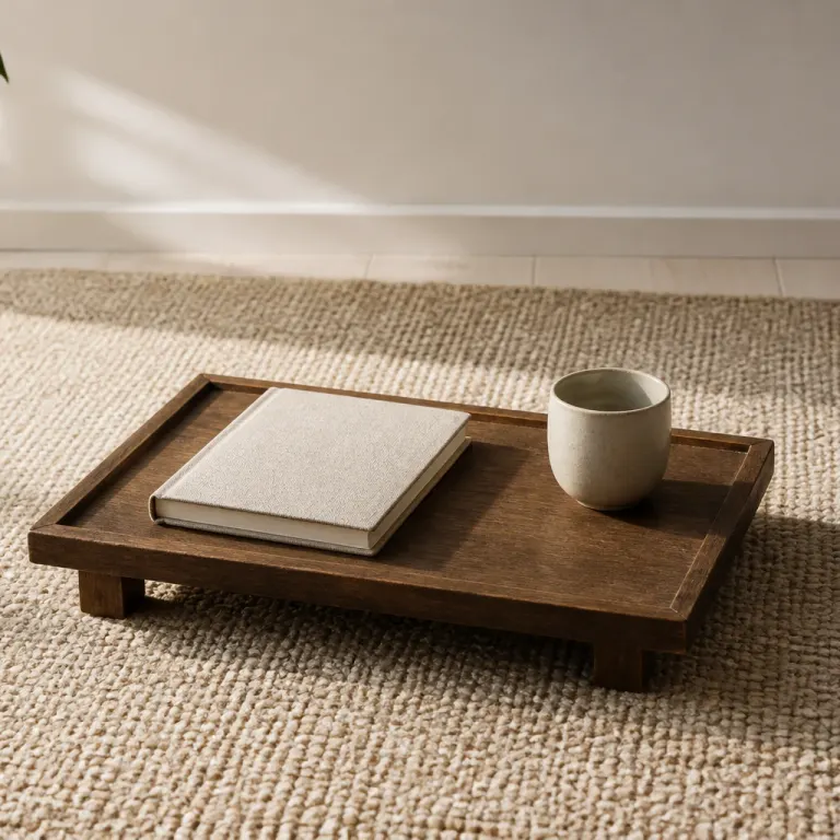 Low wooden tray with a cloth notebook and ceramic cup on an oatmeal wool rug by a window