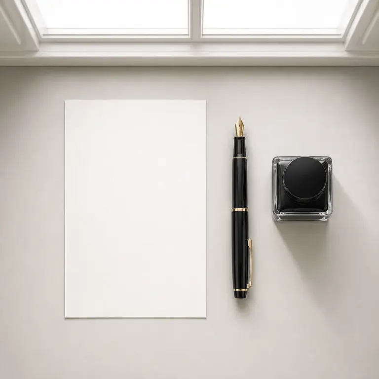 Generic fountain pen ink bottle and blank paper aligned in a bright top-down grid by a window