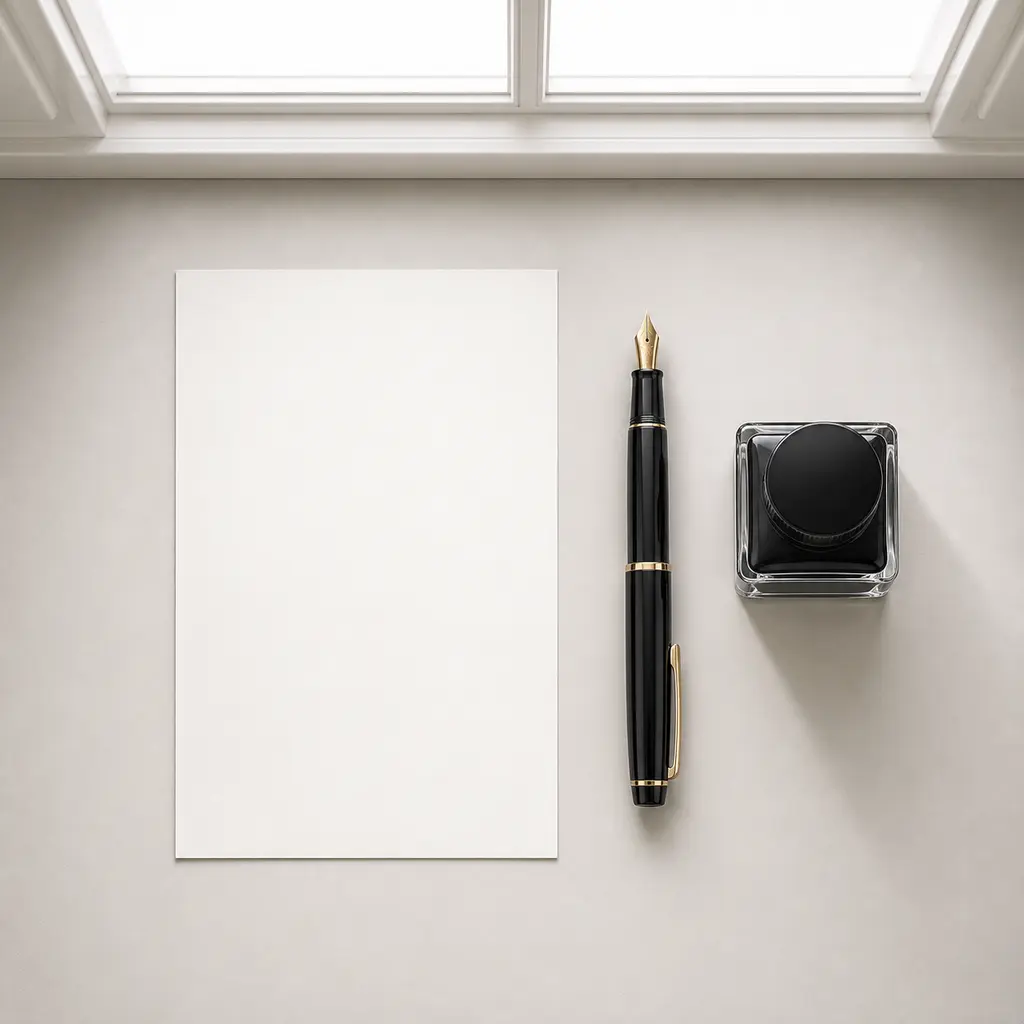 Generic fountain pen ink bottle and blank paper aligned in a bright top-down grid by a window