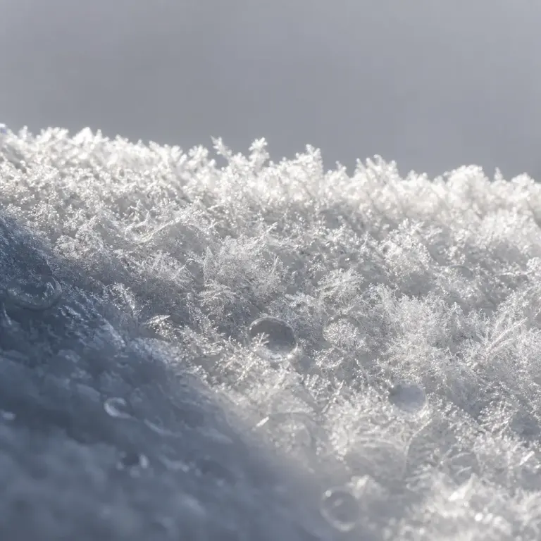 Backlit fresh snow crystals with clear meltwater droplets and a soft surface shadow
