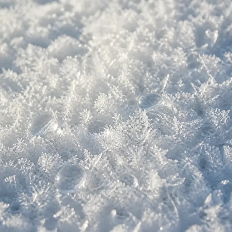 100mm macro texture of fresh snow crystals with tiny meltwater droplets in near-horizontal raking light
