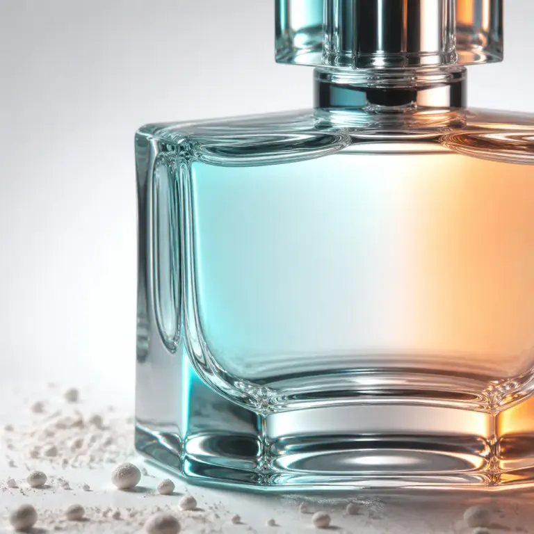 Extreme close-up of a clear perfume bottle refracting teal and orange light on a gray-white gradient