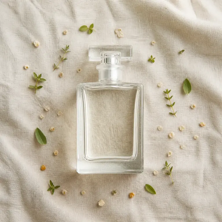 Top-down clear glass perfume bottle on wrinkled ivory linen with sparse herbs and crumbs