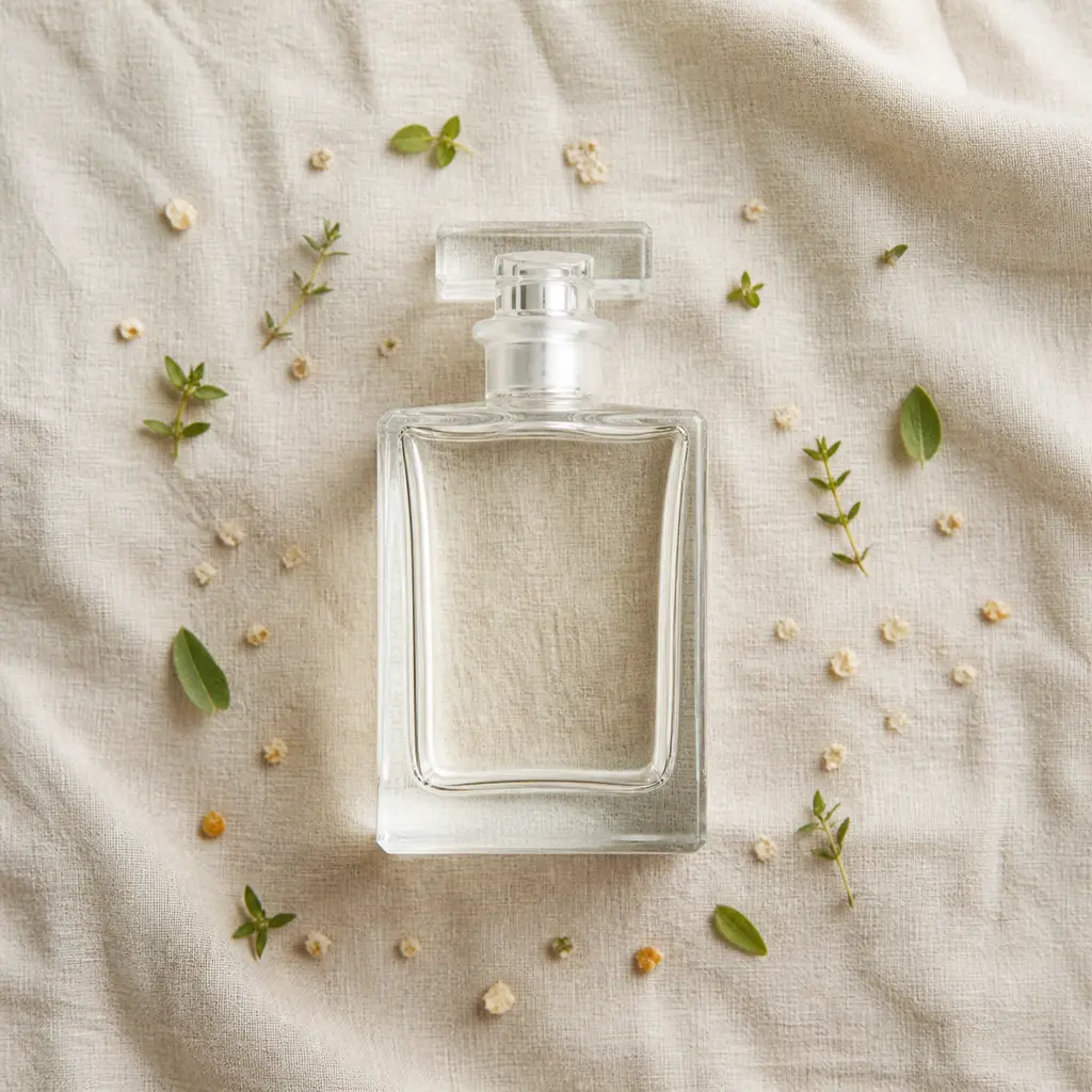 Top-down clear glass perfume bottle on wrinkled ivory linen with sparse herbs and crumbs