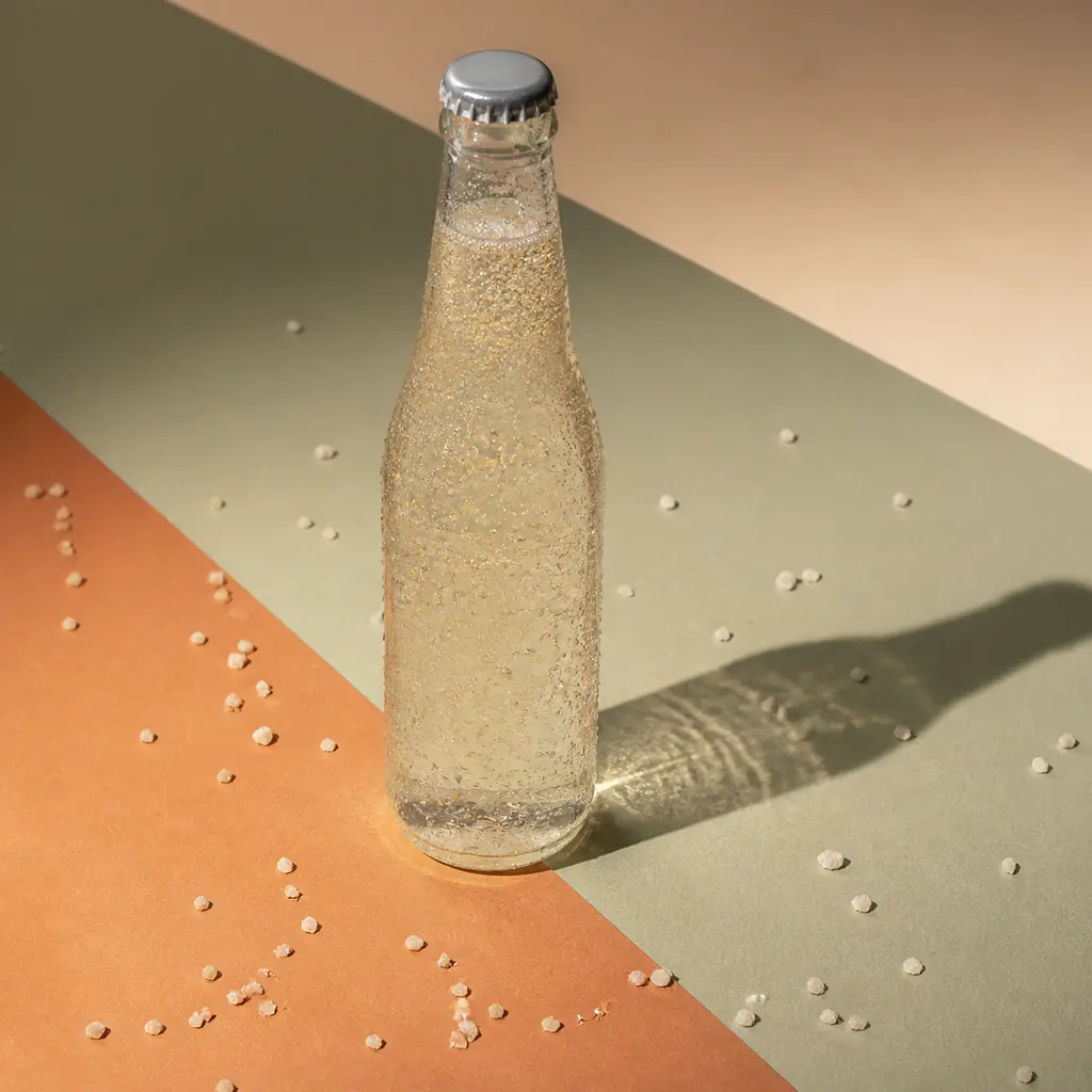 Condensed clear soda bottle on muted terracotta and sage paper casting a long crisp diagonal shadow