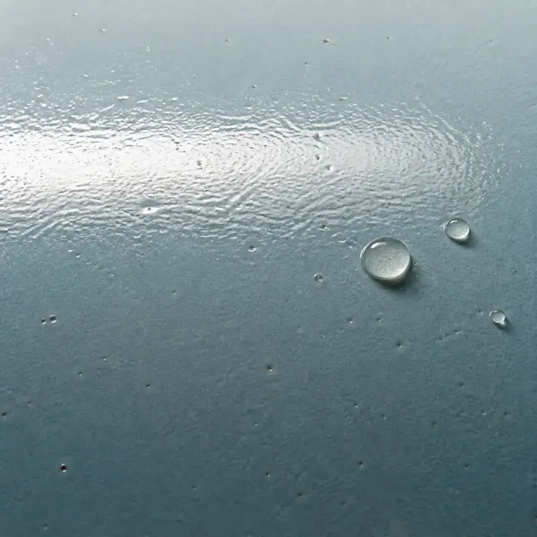 Blue glazed ceramic tile microtexture with water droplets under horizontal raking light