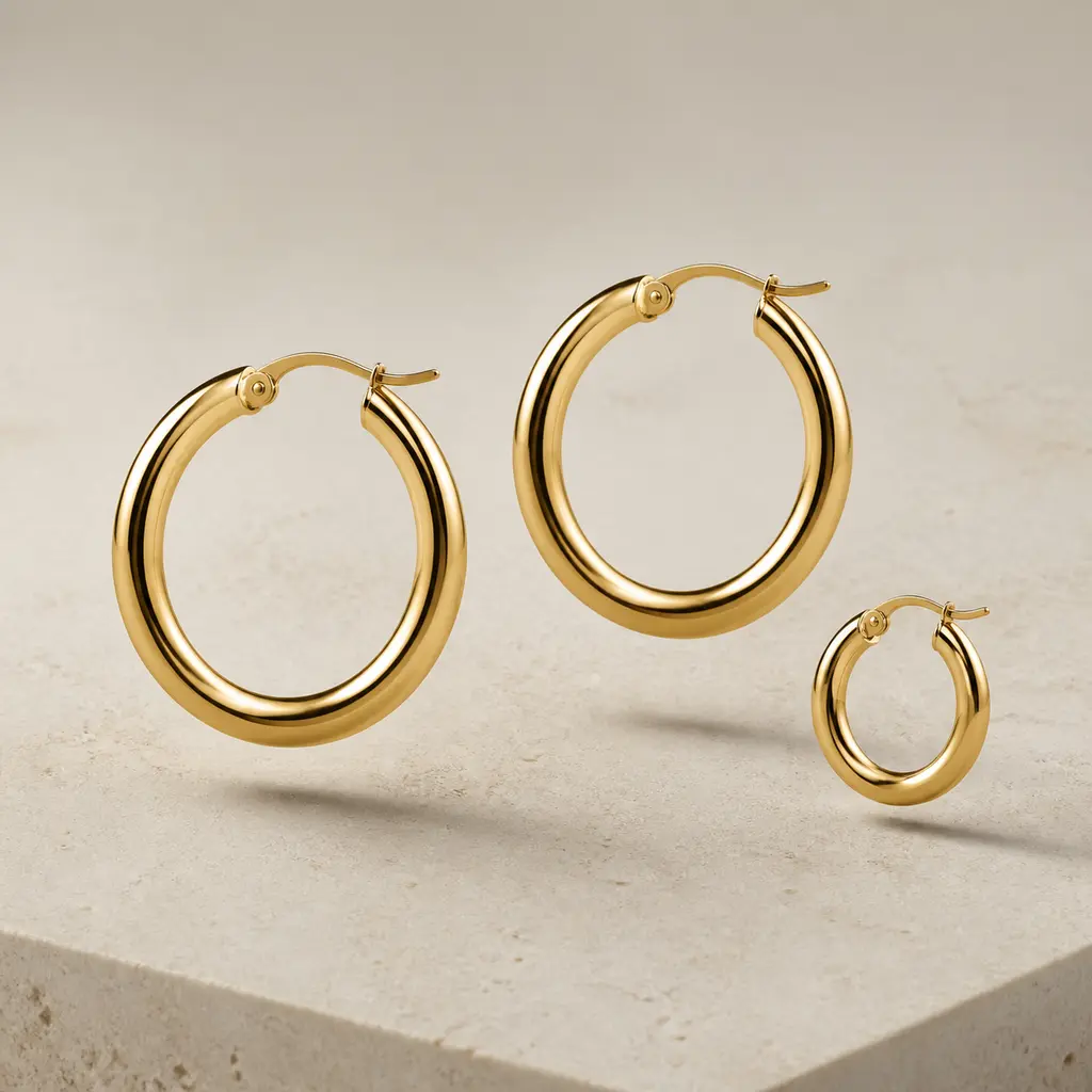 Three polished gold hoop earrings levitating above pale limestone with continuous circular highlights