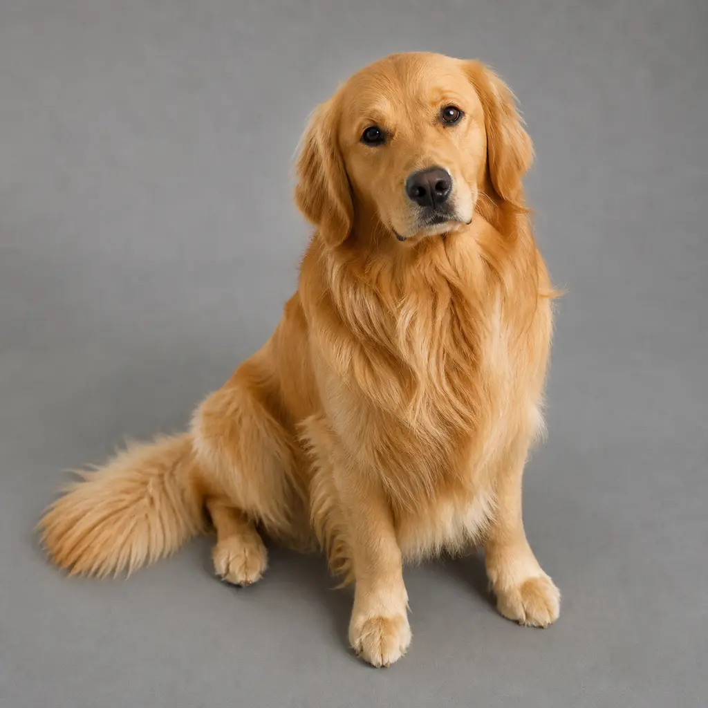 Golden retriever seated on a muted gray studio backdrop under soft even light